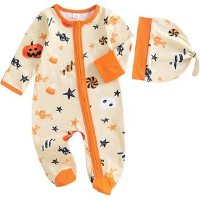 Seyurigaoka Newborn Baby Boy Halloween Outfit Pumpkin Zipper Footed Romper Footie Jumpsuit+Knot Hat Fall Clothes in Saudi Arabia