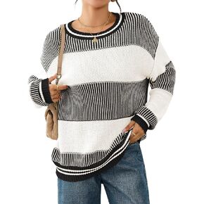 Viottiset Women's 2025 Fall Fashion Crew Neck Long Sleeve Striped Color Block Knit Loose Pullover Sweater Tops in Kuwait