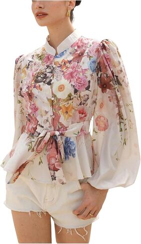 SweatyRocks Women's Boho Flower Floral Vintage Long Sleeve Button Down Shirts Bow Tie Front Peplum Tops in Saudi Arabia
