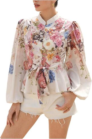 SweatyRocks Women's Boho Flower Floral Vintage Long Sleeve Button Down Shirts Bow Tie Front Peplum Tops in Saudi Arabia