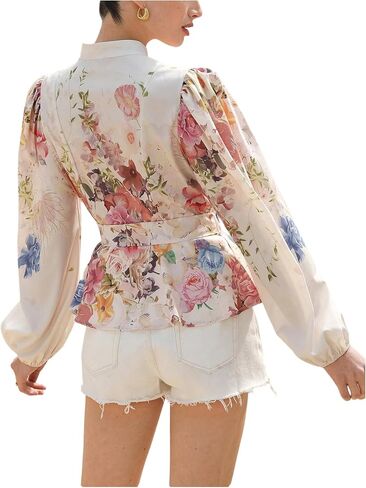 SweatyRocks Women's Boho Flower Floral Vintage Long Sleeve Button Down Shirts Bow Tie Front Peplum Tops in Saudi Arabia