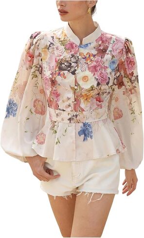 SweatyRocks Women's Boho Flower Floral Vintage Long Sleeve Button Down Shirts Bow Tie Front Peplum Tops in Saudi Arabia