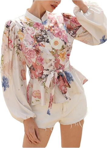 SweatyRocks Women's Boho Flower Floral Vintage Long Sleeve Button Down Shirts Bow Tie Front Peplum Tops in Saudi Arabia