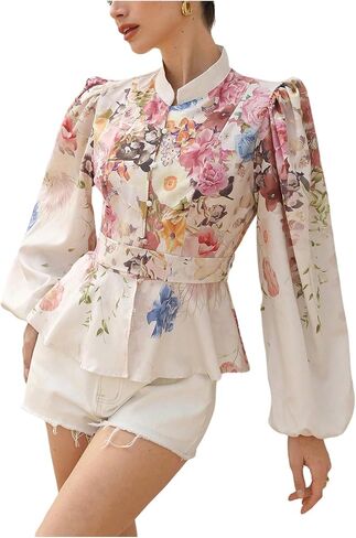 SweatyRocks Women's Boho Flower Floral Vintage Long Sleeve Button Down Shirts Bow Tie Front Peplum Tops in Saudi Arabia