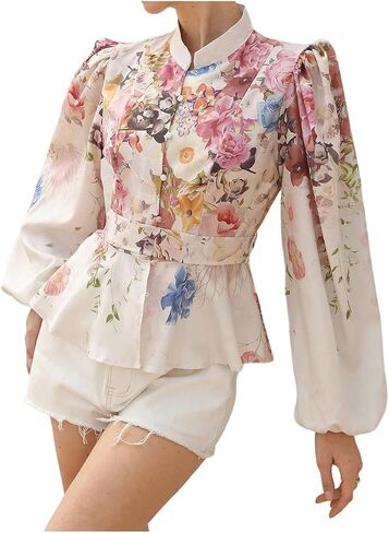 SweatyRocks Women's Boho Flower Floral Vintage Long Sleeve Button Down Shirts Bow Tie Front Peplum Tops in Saudi Arabia