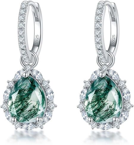 S925 Sterling Silver Teardrop Moss Agate Drop Earrings, Fashion-forward Style, A Unique and Elegant Gift for Women Seeking Distinctive Style and a Touch of Nature’s Beauty in Saudi Arabia