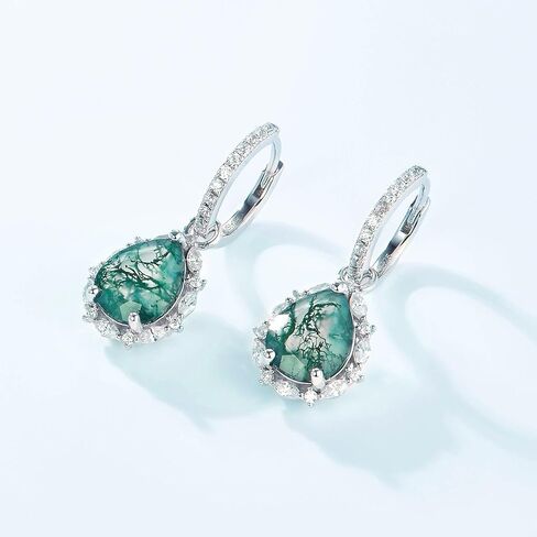 S925 Sterling Silver Teardrop Moss Agate Drop Earrings, Fashion-forward Style, A Unique and Elegant Gift for Women Seeking Distinctive Style and a Touch of Nature’s Beauty in Saudi Arabia