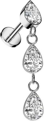 Pierced Owl 16GA ASTM F-136 Implant Grade Titanium Internally Threaded Triple Dangling CZ Crystal Teardrop Flat Back Stud in Saudi Arabia