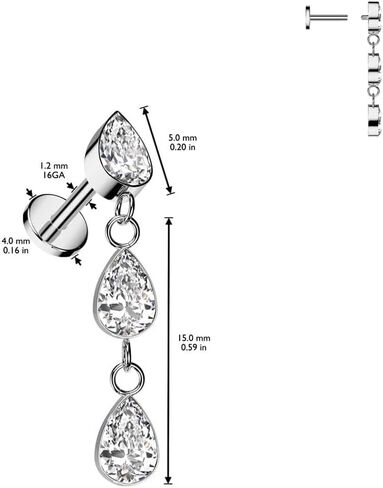 Pierced Owl 16GA ASTM F-136 Implant Grade Titanium Internally Threaded Triple Dangling CZ Crystal Teardrop Flat Back Stud in Saudi Arabia