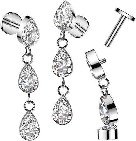 Pierced Owl 16GA ASTM F-136 Implant Grade Titanium Internally Threaded Triple Dangling CZ Crystal Teardrop Flat Back Stud in Saudi Arabia