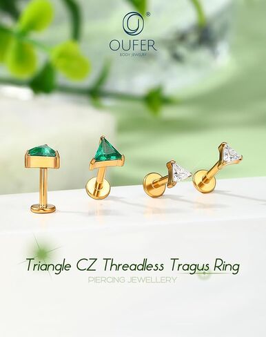 مجوهرات ثقب الحلزون 16G من OUFER، أقراط حلزونية أمامية من الفولاذ المقاوم للصدأ 316L، مثلث شفاف CZ ثقب الشفاه ذو الظهر المسطح، أقراط دفع دبوس الغضروف الزنمة للنساء والرجال in Kuwait