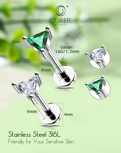 OUFER 16G Helix Piercing Jewelry, 316L Stainless Steel Forward Helix Earrings, Triangle Clear CZ Flat Back Labret Lip Piercing, Push Pin Cartilage Tragus Earrings For Women Men in Saudi Arabia