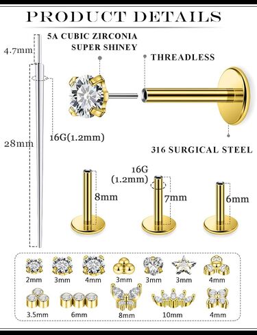20G 18G 16G Threadless Flat Back Earrings Nose Studs 316L Surgical Steel Tragus Forward Helix Conch Cartilage Lobe Earrings Stud Medusa Labret Monroe Lip Ring Piercing Jewelry For Women Men in Saudi Arabia