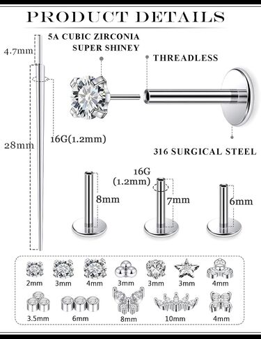 20G 18G 16G Threadless Flat Back Earrings Nose Studs 316L Surgical Steel Tragus Forward Helix Conch Cartilage Lobe Earrings Stud Medusa Labret Monroe Lip Ring Piercing Jewelry For Women Men in Saudi Arabia