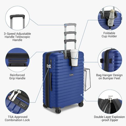حقيبة كونو قابلة للتوسيع مقاس 20 بوصة مع عجلات دوارة، حقيبة متينة متينة مع حامل أكواب مخفي، هيكل صلب خفيف الوزن يمكن حمله على حقيبة السفر المعتمدة من شركة الطيران مع قفل TSA (أسود) in Kuwait