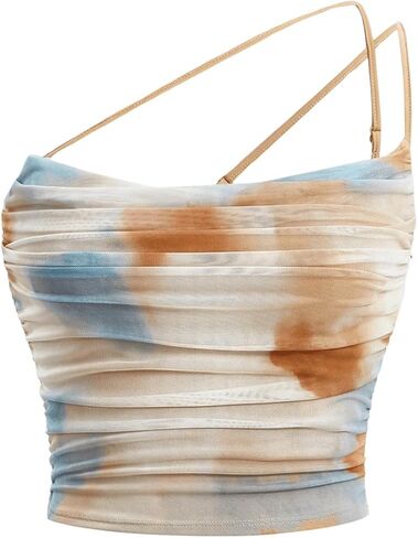 Milumia Girl's Tie Dye Ruched Mesh Top Asymmetrical Hem Crop Tank Tops in Saudi Arabia
