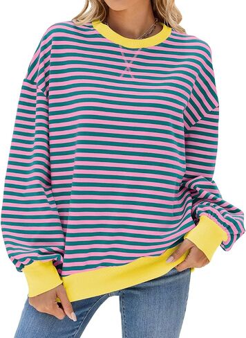 Women's Oversized Striped Sweatshirt Long Sleeve Round Neck Christmas Sweatshirt Loose Pullover Halloween Shirt Top in Saudi Arabia