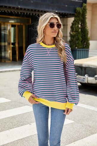 Women's Oversized Striped Sweatshirt Long Sleeve Round Neck Christmas Sweatshirt Loose Pullover Halloween Shirt Top in Saudi Arabia