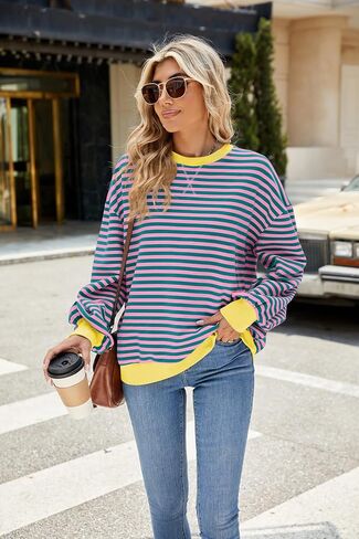 Women's Oversized Striped Sweatshirt Long Sleeve Round Neck Christmas Sweatshirt Loose Pullover Halloween Shirt Top in Saudi Arabia