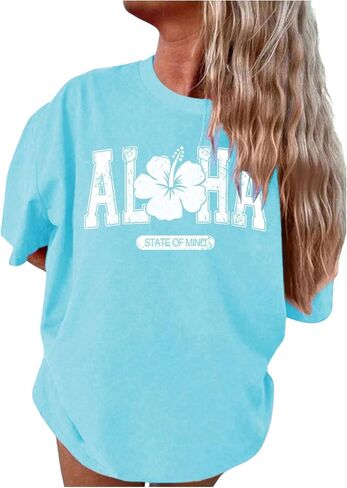 SHENHE Girl's Summer Flower Shirt Letter Print Graphic Crew Neck Tee Vacation Beach Top in Saudi Arabia
