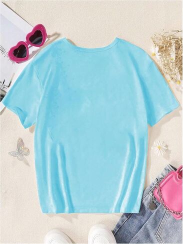 SHENHE Girl's Summer Flower Shirt Letter Print Graphic Crew Neck Tee Vacation Beach Top in Saudi Arabia