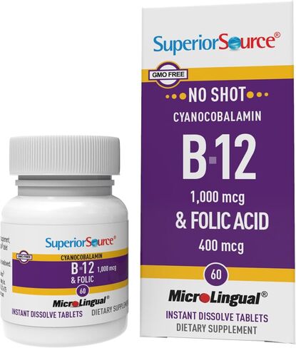 Superior Source No Shot Vitamin B12 Cyanocobalamin (1000 mcg), Folic Acid (400 mcg), Quick Dissolve MicroLingual Tablets, 100 Ct, Increase Energy, Boost Metabolism, Heart and Stress Support, Non-GMO in Kuwait