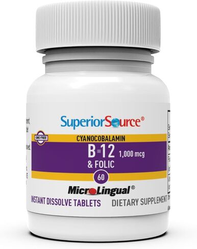 Superior Source No Shot Vitamin B12 Cyanocobalamin (1000 mcg), Folic Acid (400 mcg), Quick Dissolve MicroLingual Tablets, 100 Ct, Increase Energy, Boost Metabolism, Heart and Stress Support, Non-GMO in Kuwait