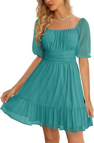 Wenrine Womens Puff Short Sleeve Mini Dress Mesh Square Neck High Waist Ruffle Hem Flowy Party A Line Dress in Saudi Arabia