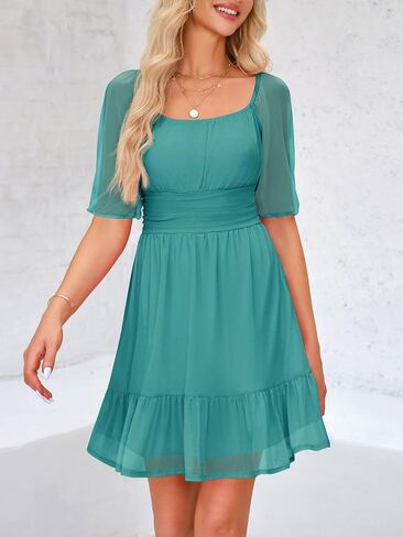 Wenrine Womens Puff Short Sleeve Mini Dress Mesh Square Neck High Waist Ruffle Hem Flowy Party A Line Dress in Saudi Arabia