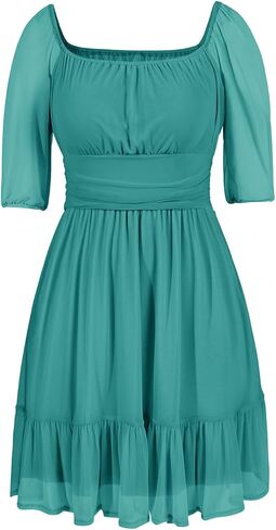 Wenrine Womens Puff Short Sleeve Mini Dress Mesh Square Neck High Waist Ruffle Hem Flowy Party A Line Dress in Saudi Arabia