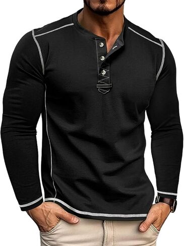 Mens Henley Shirt Long Sleeve Casual Button T-Shirts Fashion Cotton Soft Pullover Shirt in Saudi Arabia