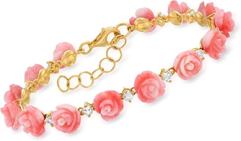 Ross-Simons Pink Coral and 1.30 ct. t.w. White Topaz Rose Bracelet in 18kt Gold Over Sterling in Saudi Arabia