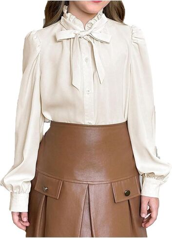 قمصان SweatyRocks للفتيات ذات رقبة منتفخة وأكمام طويلة وأزرار سفلية وبلوزات ربيعية أنيقة in Kuwait