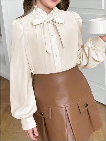 قمصان SweatyRocks للفتيات ذات رقبة منتفخة وأكمام طويلة وأزرار سفلية وبلوزات ربيعية أنيقة in Kuwait