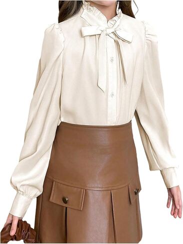 قمصان SweatyRocks للفتيات ذات رقبة منتفخة وأكمام طويلة وأزرار سفلية وبلوزات ربيعية أنيقة in Kuwait