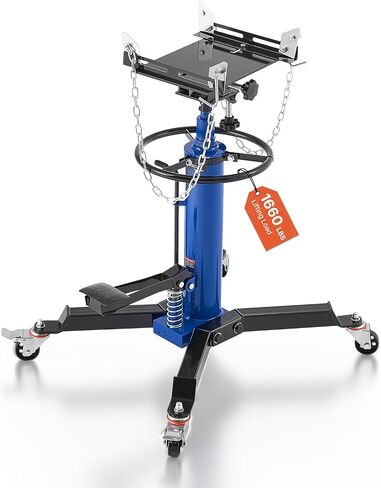 VEVOR Hydraulic Transmission Jack, 1660 lbs Capacity Hydraulic Telescopic Transmission Jack, 34.6-69.3 in High Lifting Height, 2-Stage Floor Jack Stand with Foot Pedal, 360° Swivel Wheel, Blue in Saudi Arabia