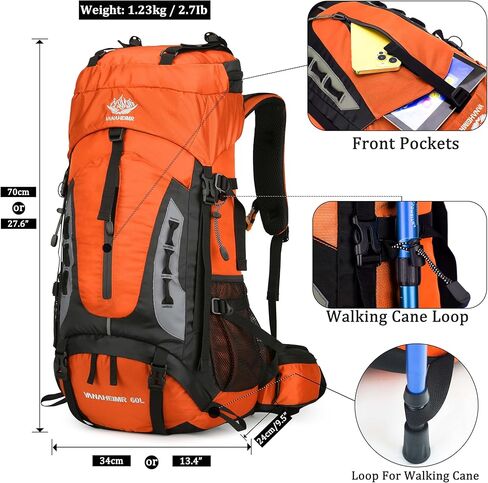 YFREAL 60L Travel Hiking Camping Backpack with Rain Cover and 2 Carebiners,Backpack Water Resistant,Climbing Backpack for Men Women (BLACK) in Kuwait