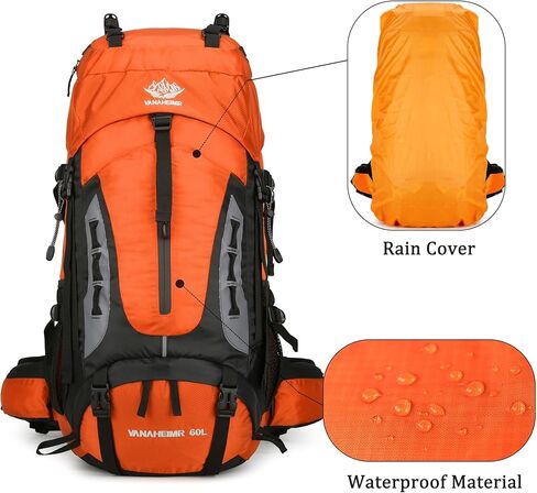 YFREAL 60L Travel Hiking Camping Backpack with Rain Cover and 2 Carebiners,Backpack Water Resistant,Climbing Backpack for Men Women (BLACK) in Kuwait