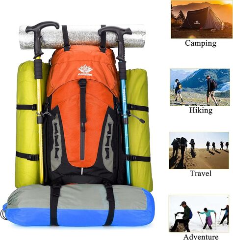 YFREAL 60L Travel Hiking Camping Backpack with Rain Cover and 2 Carebiners,Backpack Water Resistant,Climbing Backpack for Men Women (BLACK) in Kuwait