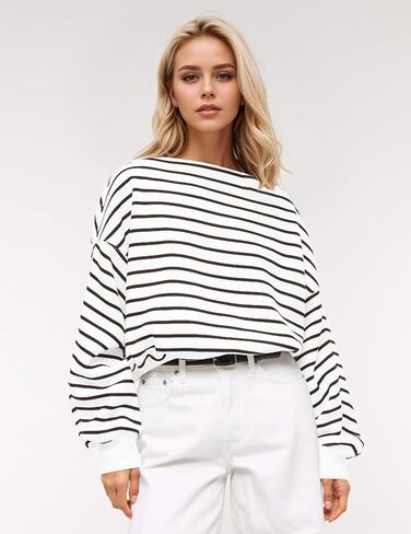 MISSACTIVER Women’s Oversized Boat Neck Striped Sweatshirt Long Sleeve Casual Pullover Color Block Shirt Fall Boxy Top in Saudi Arabia