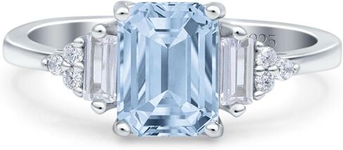 OMRANII Three Stone Emerald Cut Natural Aquamarine Trellis Ring Art Deco Marquise Style Bridal Wedding Engagement Rings Baguette Cubic Zirconia 925 Sterling Silver Gift For Women in Saudi Arabia