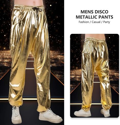 Mens Metallic Pants Disco Outfit Drawstring Waistband Rave Trousers Sequin Joggers with Pockets in Saudi Arabia