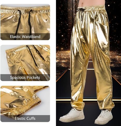 Mens Metallic Pants Disco Outfit Drawstring Waistband Rave Trousers Sequin Joggers with Pockets in Saudi Arabia