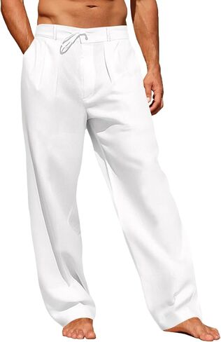 Mens Casual Linen Cotton Pants Elastic Waist Drawstring Lightweight Pants Loose Fit Trousers in Saudi Arabia