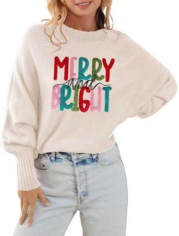 Womens Merry Christmas Sweaters Long Batwing Sleeve Sweater Loose Fit Pullover Top Sweaters in Saudi Arabia