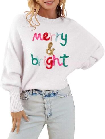 Womens Merry Christmas Sweaters Long Batwing Sleeve Sweater Loose Fit Pullover Top Sweaters in Saudi Arabia