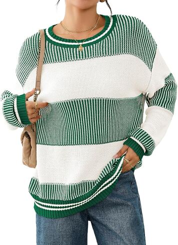 Viottiset Women's 2025 Fall Fashion Crew Neck Long Sleeve Striped Color Block Knit Loose Pullover Sweater Tops in Saudi Arabia
