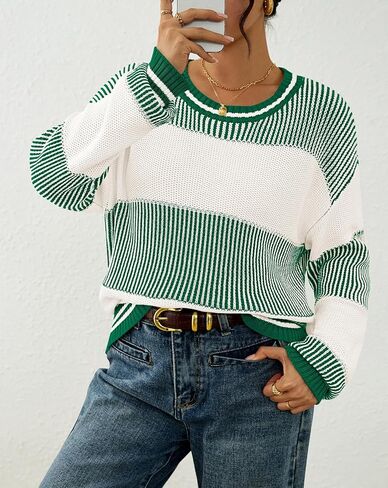 Viottiset Women's 2025 Fall Fashion Crew Neck Long Sleeve Striped Color Block Knit Loose Pullover Sweater Tops in Saudi Arabia