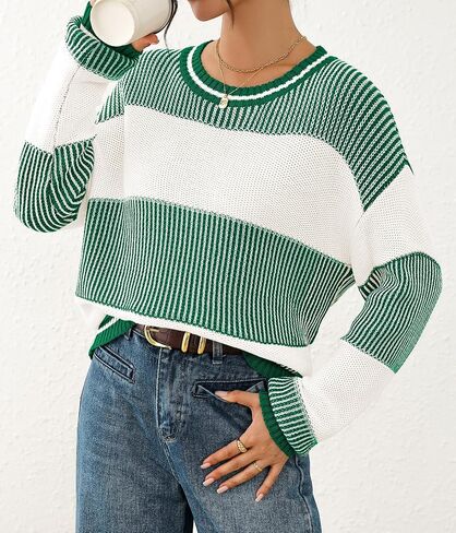 Viottiset Women's 2025 Fall Fashion Crew Neck Long Sleeve Striped Color Block Knit Loose Pullover Sweater Tops in Saudi Arabia