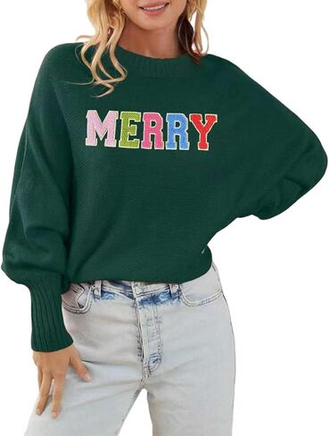 Womens Merry Christmas Sweaters Long Batwing Sleeve Sweater Loose Fit Pullover Top Sweaters in Saudi Arabia